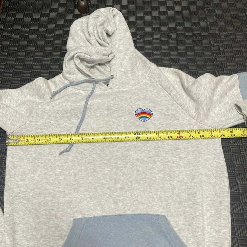 light gray hoodie with rainbow heart size small